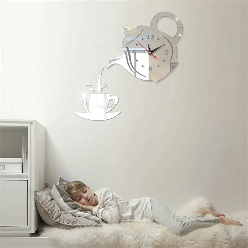 

Creative Diy Acrylic Coffee Cup Teapot Clock Wall Mirror Effect 3d Wall Clock Decorative Living Room Home Decor Clock