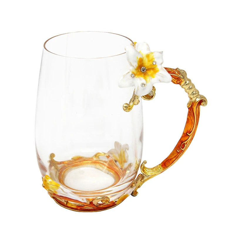 

KEYTREND Luxury Enamel Coffee Mug Post-modern Drinking Glass Cups with Golden Handgrip and Rhinestones Decorated Flower AECL094