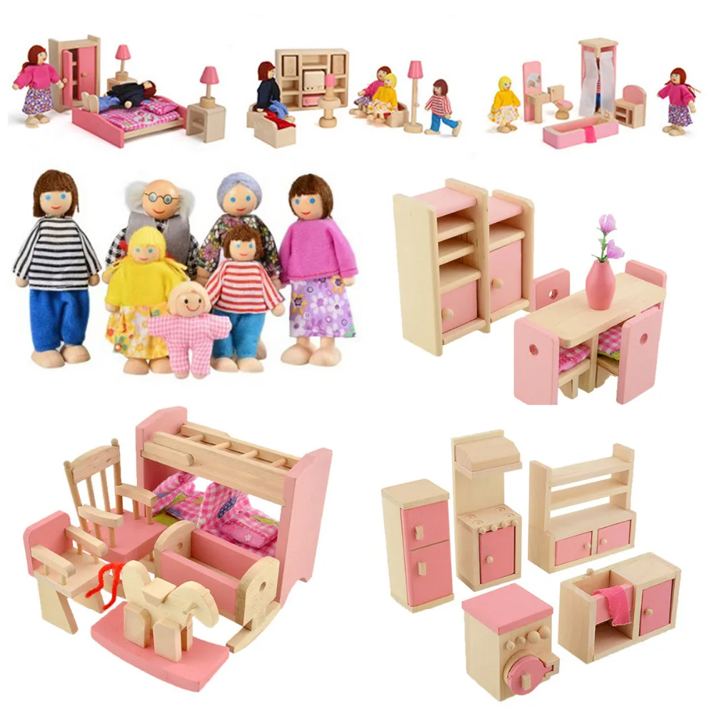 أثاث خشبي دمى منزل الأسرة مصغرة 6 غرفة مجموعة دمى للأطفال الأطفال