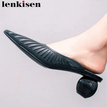 

Lenkisen classical art design strange style med heels pointed toe slip on mules wedding party women pumps slingback shoes L55