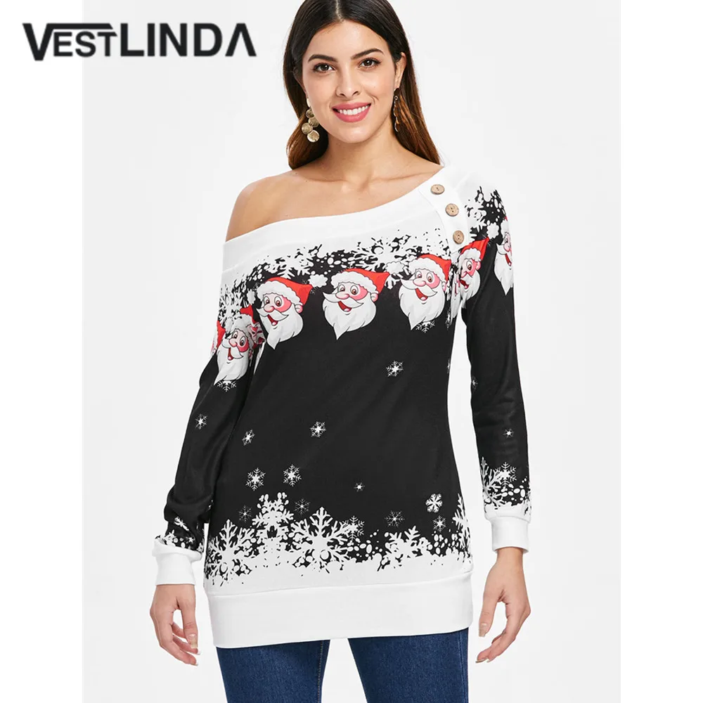 VESTLINDA Рождественская футболка Санта Клаус со снежинкой пуловер с косой шеей