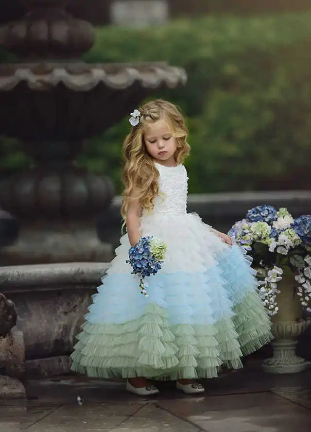 Бальное платье с круглым вырезом, Тюлевое платье с цветочным узором для девочек с аппликацией, платье для первого причастия, без рукавов, индивидуальный заказ, HW2164