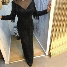Новейший дизайн, черное роскошное сексуальное вечернее платье,, тонкое, Русалка, с кисточками, с бисером, с длинным рукавом, вечерние платья LA60920