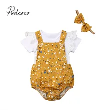 Коллекция года, летняя одежда для малышей комплекты из 3 предметов для маленьких девочек футболка с короткими рукавами комбинезон с цветочным рисунком комбинезон для малышей, комбинезон, одежда для малышей Sunsuit