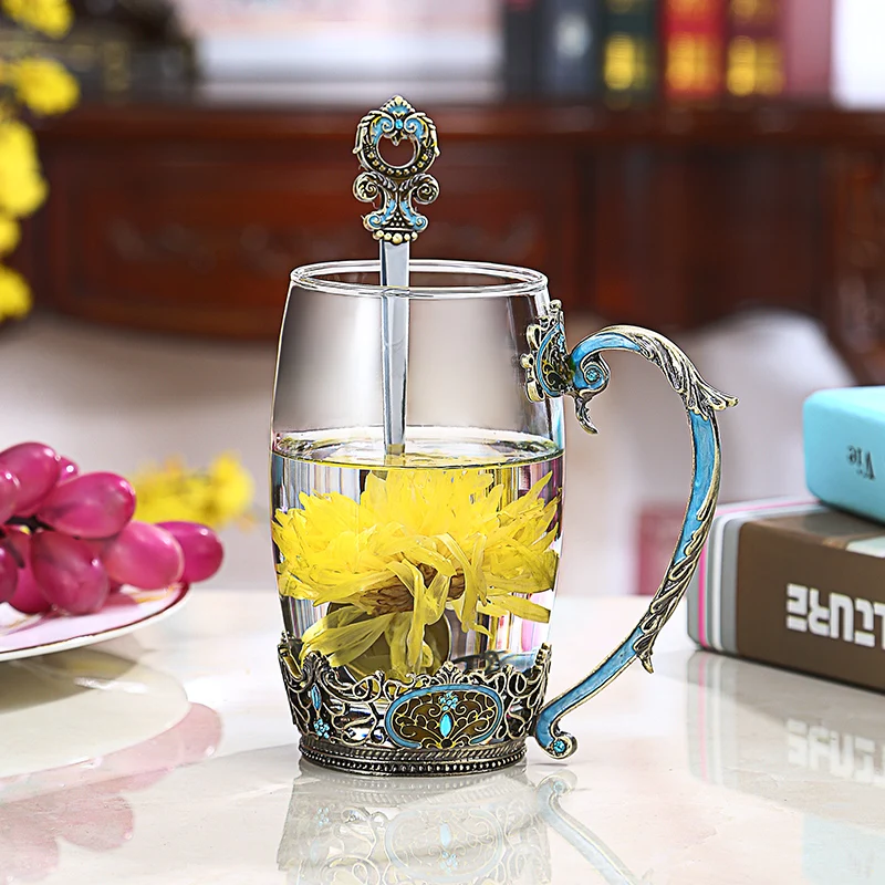 Европейская креативная Цветочная чайная чашка с эмалью, домашняя Бессвинцовая термостойкая Хрустальная стеклянная Высококачественная Милая термос для девочек, посуда для напитков