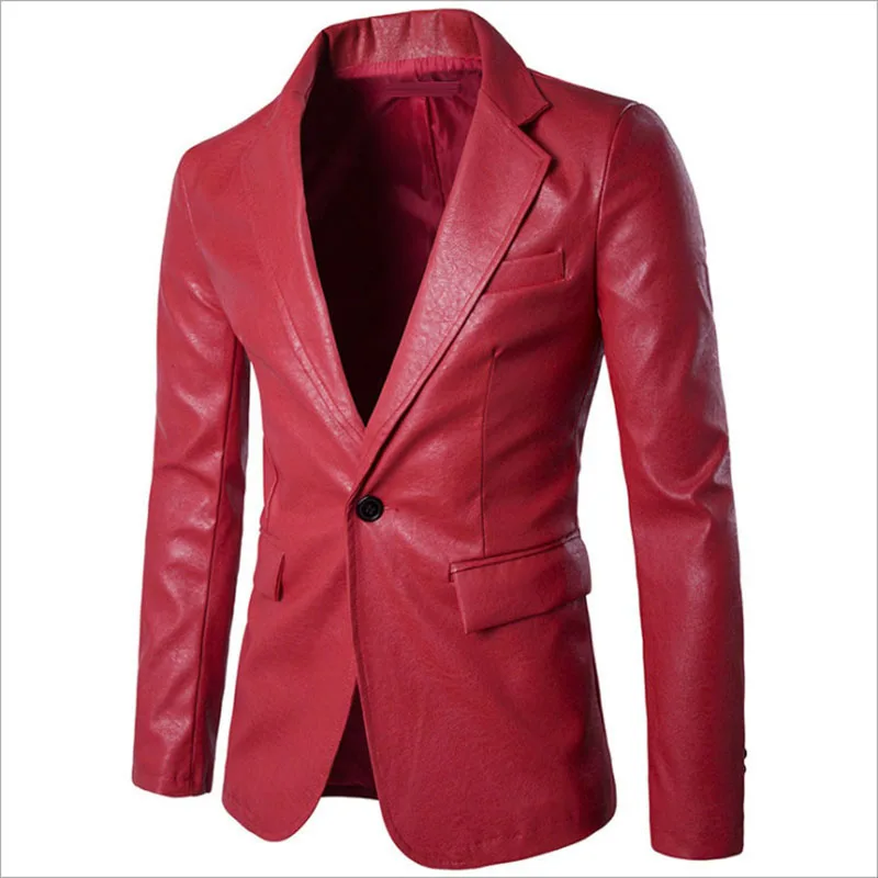 Новинка PU кожа блейзер Для мужчин Slim Fit одной кнопки кожаная куртка модная