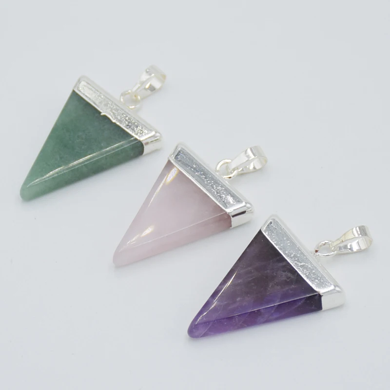

Silver Color Plated Simple Triangle Geometric Pendants European and American Women Natural Quartz Amethysts Stone Charms Pendant