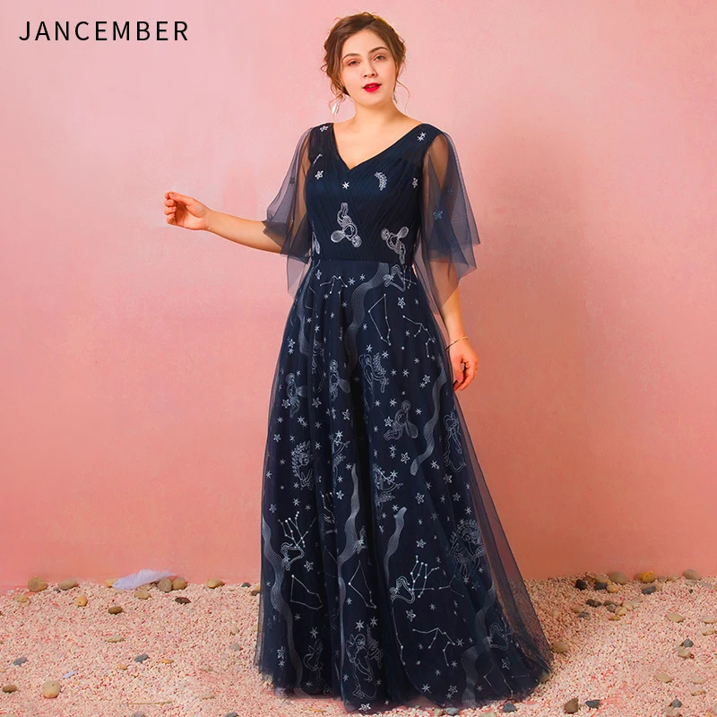 

JANCEMBER Plus Size Formal Dress Women Elegant V Neck Lace Up Back Half Sleeve Floor Length Tulle Long Evening Dresses