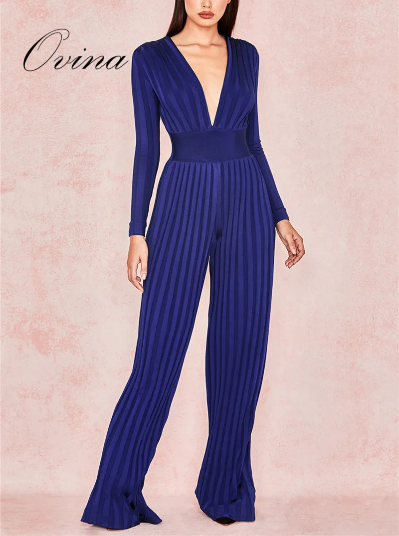 

New Arrival Royal Blue V-Neck Boot Cut Bodycon Celebrity Women Rompers Bandage Jumpsuit Party Clothing