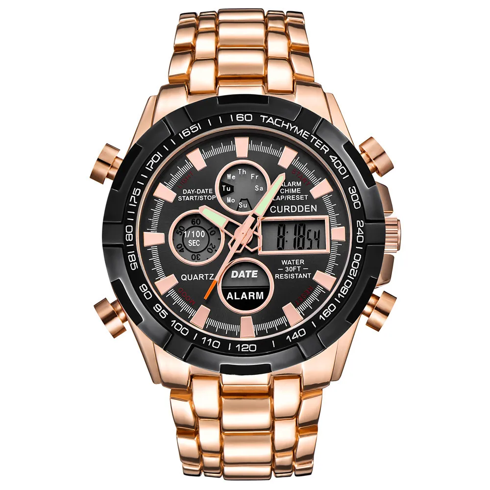 watches men Stainless Steel Sport Watch Dual Display Digital LED relogio masculino Quartz Wristwatches Business reloj saat - Цвет: Rose Gold