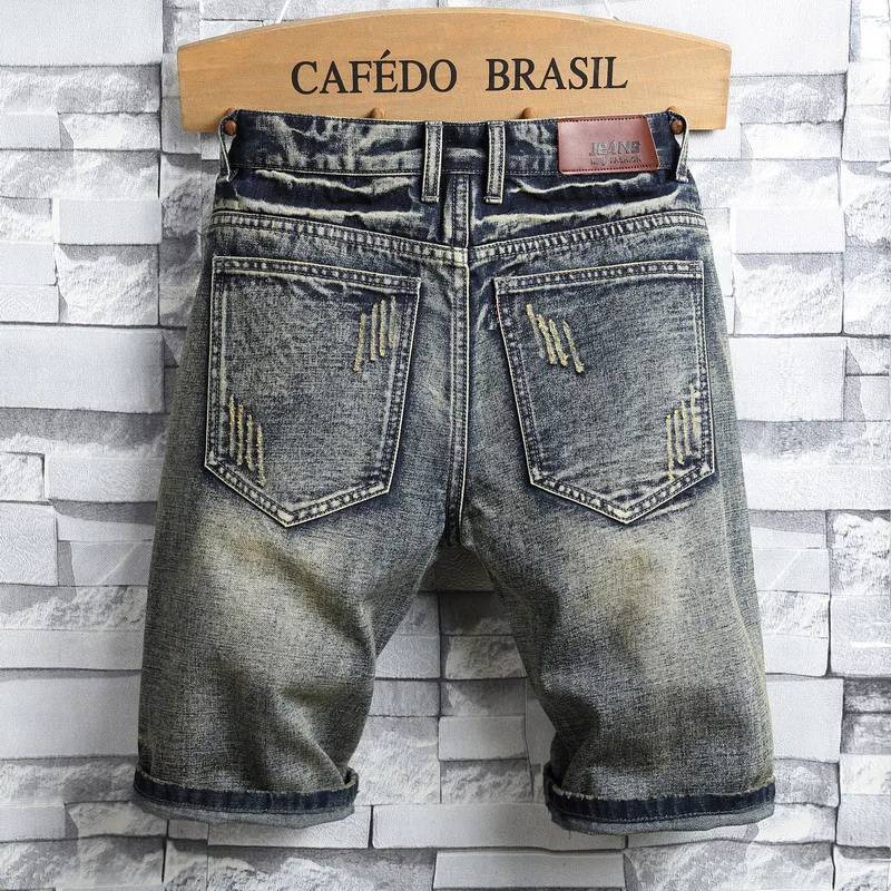 Summer Europeans Style Men Fashion Patchwork Beggar Slim Denim Short Vintage Ripped Hole Man Personal Causal Special Jeans Short