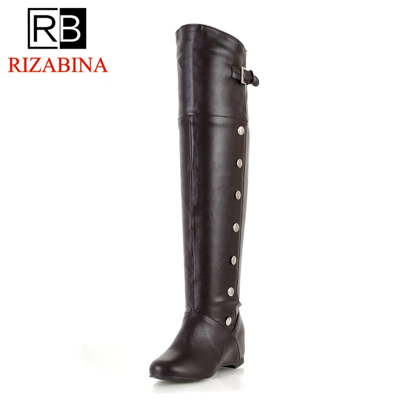

RizaBina Plus Size 30-50 Women Wedges Boots Rivet Buckle Warm Shoes Women Winter Fur Over The Knee Boots Office Lady Shoes