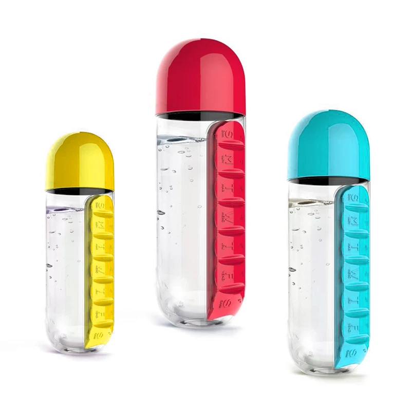 

600ML Portable Plastic Water Bottle With 7 Day Pill Box 7 Timely Reminder To Take Medicine Cycle Medical Kit Container Camping