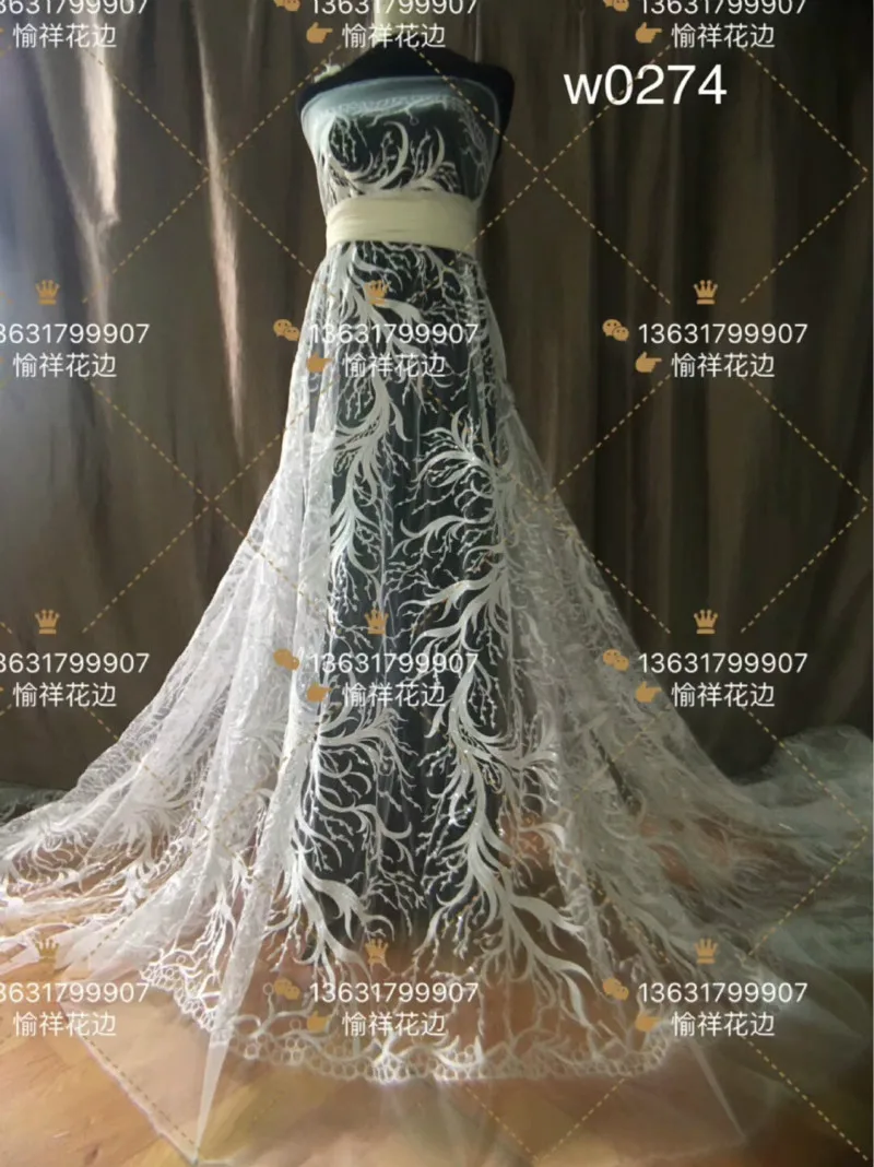 

Free shipping Off white /white Embroidry bead lace fabric Organza white wedding dress
