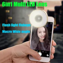 Модные 6in1 светодио дный вспышка света рыбий глаз линзы Широкий формат макро телефон Камера объектив для iPhone 4 4S 5 5S 5C SE 6 6S 7 Plus Gionee M6