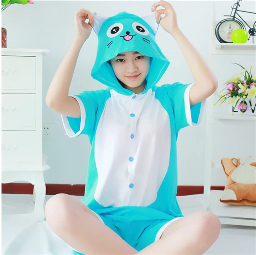 Anime-pajamas-Fairy-Tail-Happy-cat-men-women-adult-short-sleeve-pajamas-cartoon-animal-kigurumi-summer