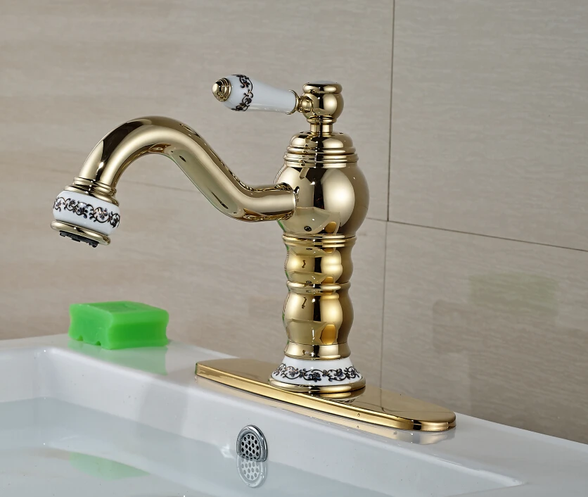 

Free Shipping !Golden Finished Bathroom Basin Faucet Deck Mounted Mixer Tap White And Blue Base With Base Plate