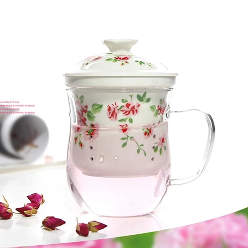 

office cup Borosilicate glass tea cup with handle porcelain filter cup inside with lid Chinese kungfu tea set cup of tea 420ml