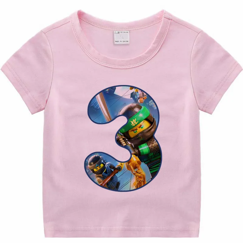 Дети Ninjago принт стразы образуют цифру «топы с короткими рукавами для детей; счастливые Футболка «С Днем Рождения» Детская маски подарок на день рождения, Прямая поставка - Цвет: P240-3-pink