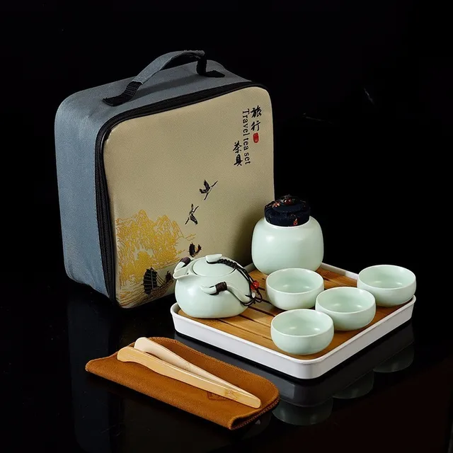 Chinese Kung Fu Teapot for Office Home Travel Portable Ceramic Tea Set with Tea Pot Tea Cups Travel Bag QKFON Cat Series Travel Tea Set