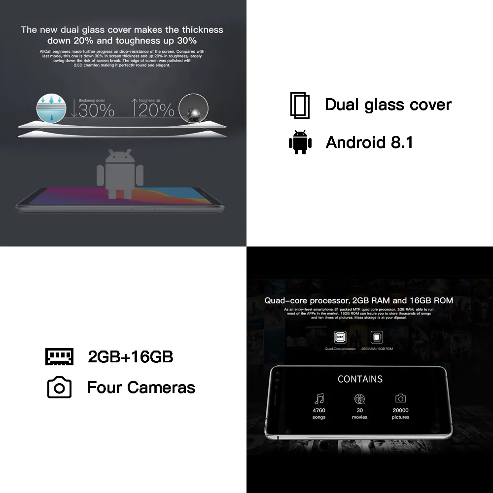 Allcall S1 5000 мАч 3g смартфон MTK6580 четырехчетырехчетырехъядерный 2 ГБ 16 ГБ Android 8,1 18:9 5,5 дюймов 8 Мп+ 2 Мп задняя двойная камера 3G мобильный телефон