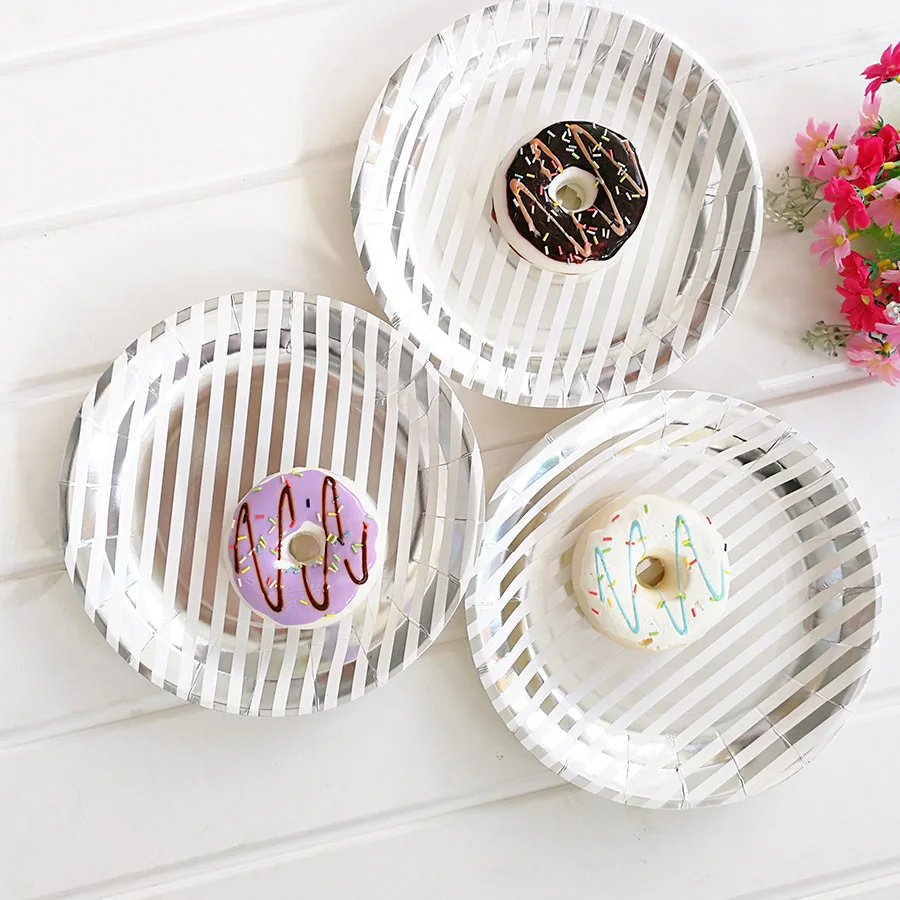 Dozzlor 8Pcs/lot Gilding Black Grid Dot Vertical Stripes Paper Plates