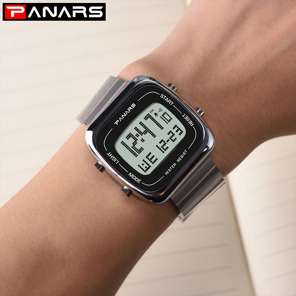 PANARS Sports Digital Watches Men Business Square Retro Waterproof Count Down Timer Digital Stopwatch Clock g Watch Shock Gold