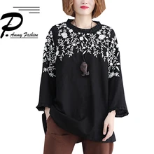 Осенняя женская обувь большой размер новых тяжелых вышивка рами пуловер рубашка Модные свободные с длинными рукавами и круглым вырезом оборками Топы