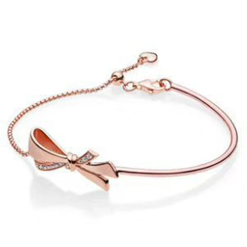 

2019 NEW 100% 925 Sterling Silver Brilliant Bow Bracelet Clear CZ Rose Gold Fashion Charm Love Bond Bracelet For Mother's Day