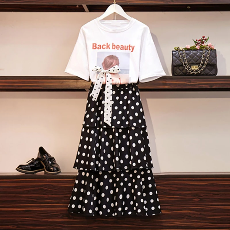 

Women's Polka Dot Print Tired Cake Skirts Women High Waist Skirt + Top Sets Summer Black White Khaki Midi Skirt Set