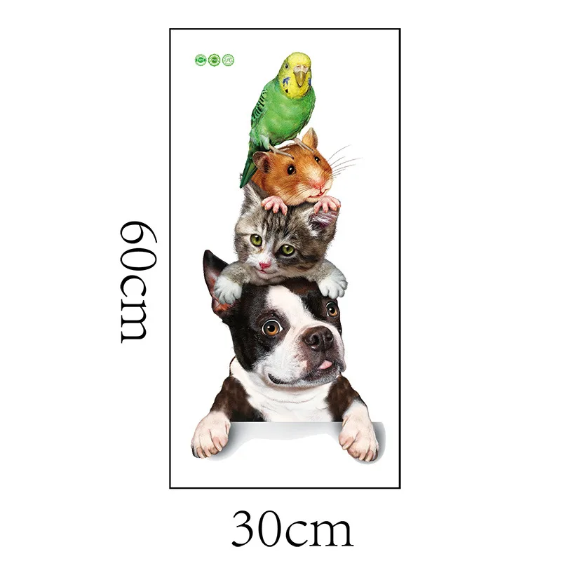 Cartoon Animals 3D Wall Sticker Cats Dogs Mouse Birds Door Stickers Funny Home Decor Kids Room Decoration Vinyl Wallpapers