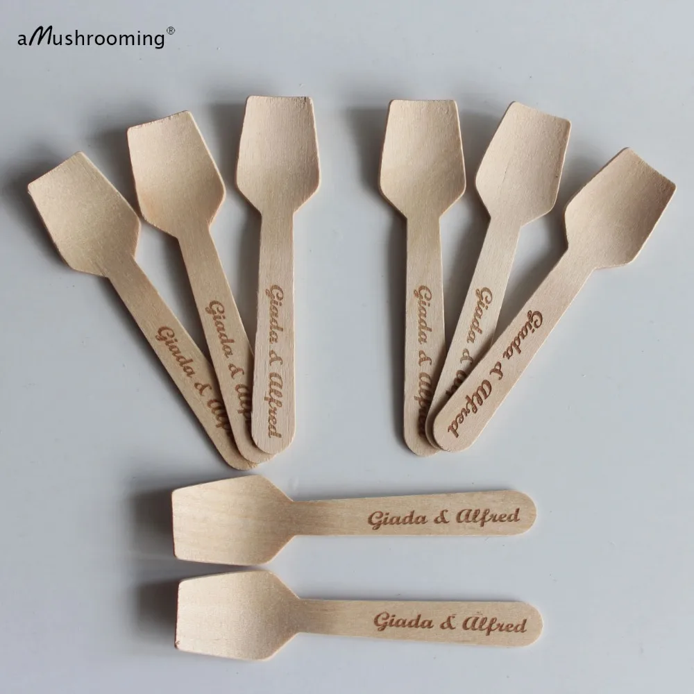 x300 Personalized Dessert Spoon Coffee Ice Cream Flat Spoons Engraved Name and Date for Wedding gift 9.5cm Wood Utensils | Дом и сад