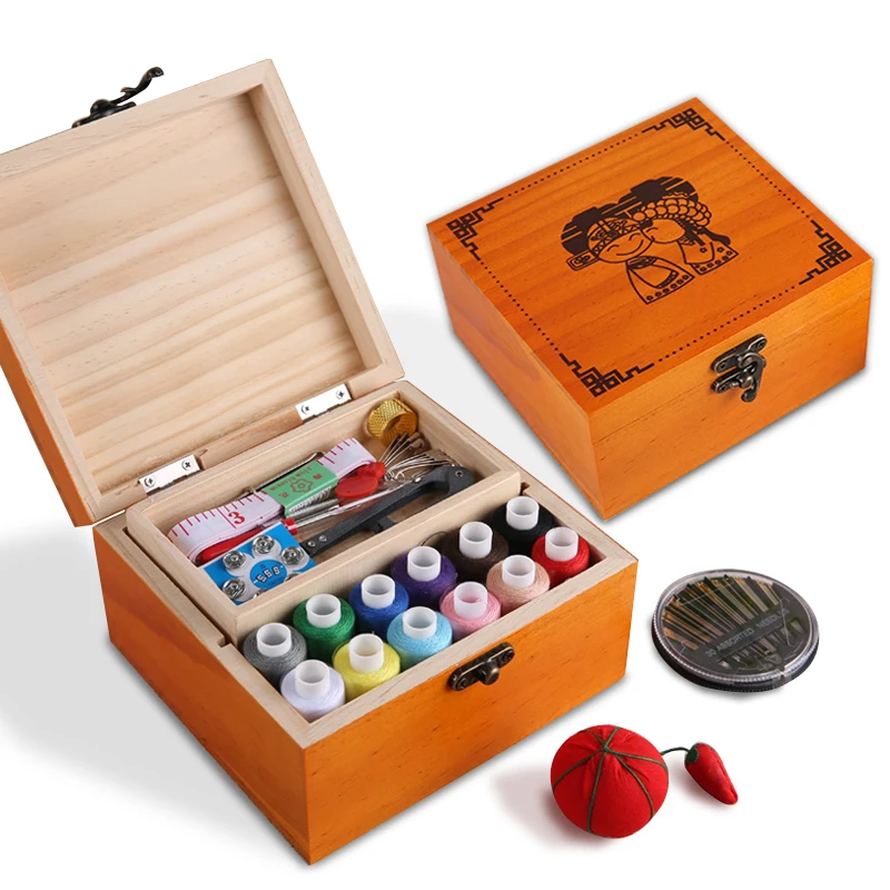 

Retro Multifunction Wood Box Sewing Kit Needle Tape Scissor Threads Sewing Box for Home Travelling [Sewing Tool + Handmade Box]