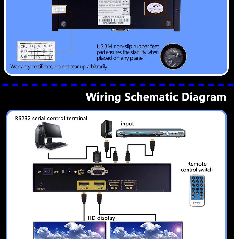 Ckl-222h высокого класса 2x2 Переключатель HDMI разветвитель коробка 2 в 2 для ПК Мониторы с ИК удаленный RS232 Управление Поддержка 3D 1080 P