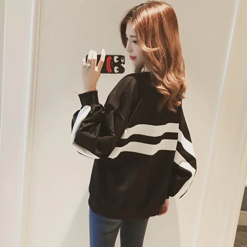 

New Arrival Women Autumn Loose Striped Puff Sleeve Round Neck Female Tops Sweatshirt
