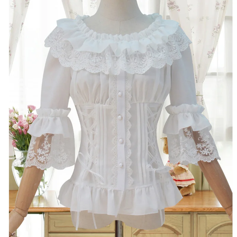 

White Blouses 2017 Victorian Lace&Chiffon Ruffled Collar Half Flare Sleeve Gothic Women Blouse Shirt Victorian Corset Shirt