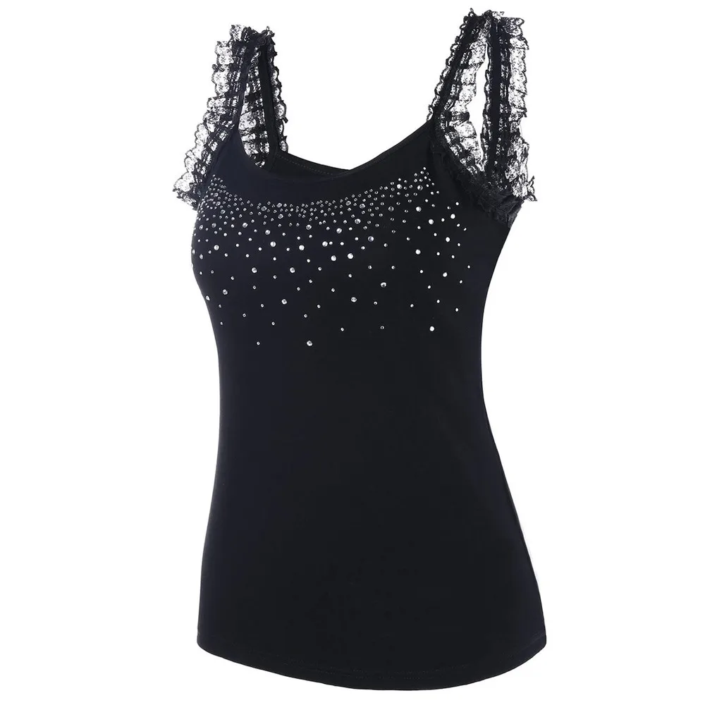 Female Lace Rhinestone Tops Fashion Women Vest Sleeveless Shirt Blouse