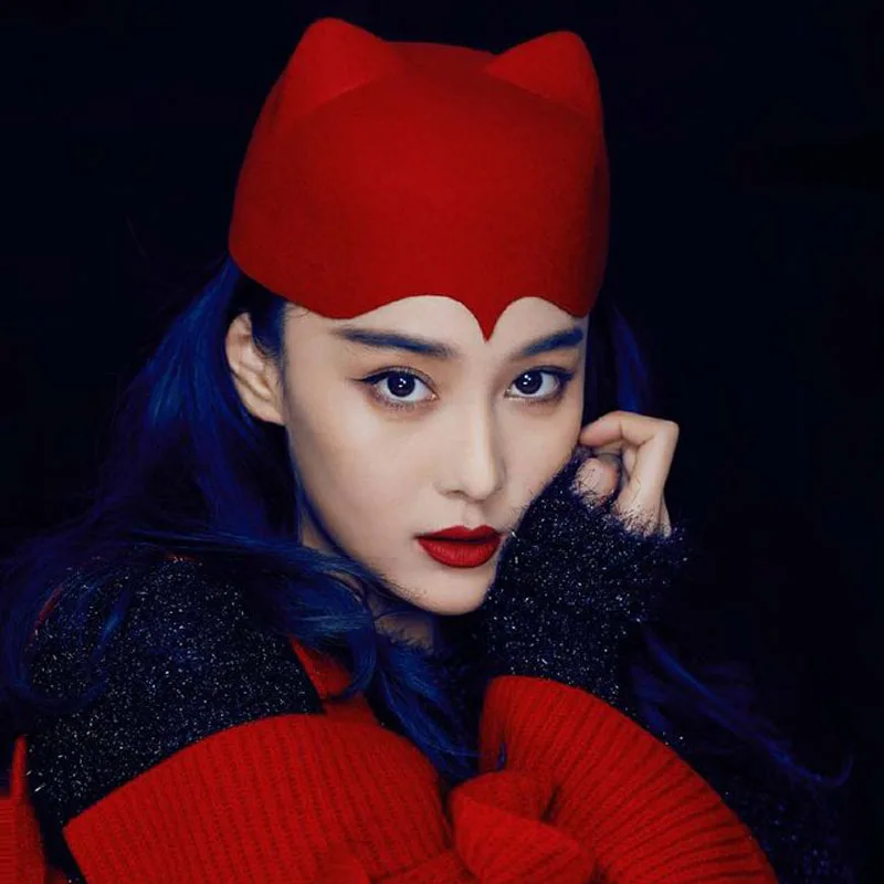 

Wool felt Beret small women hat for dance fashion red fascinator like a cat