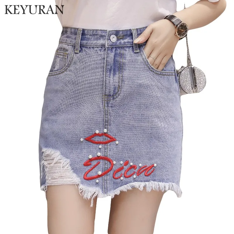 Denim skirt with pearls