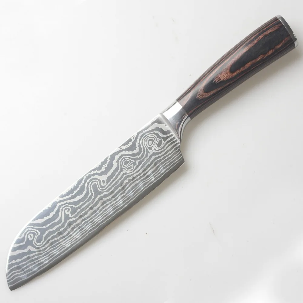 

7 inch 7CR17 Mov Stainless steel chef knife with damascus ripple kitchen knife with pakkawood handle drop ship kitchen knives