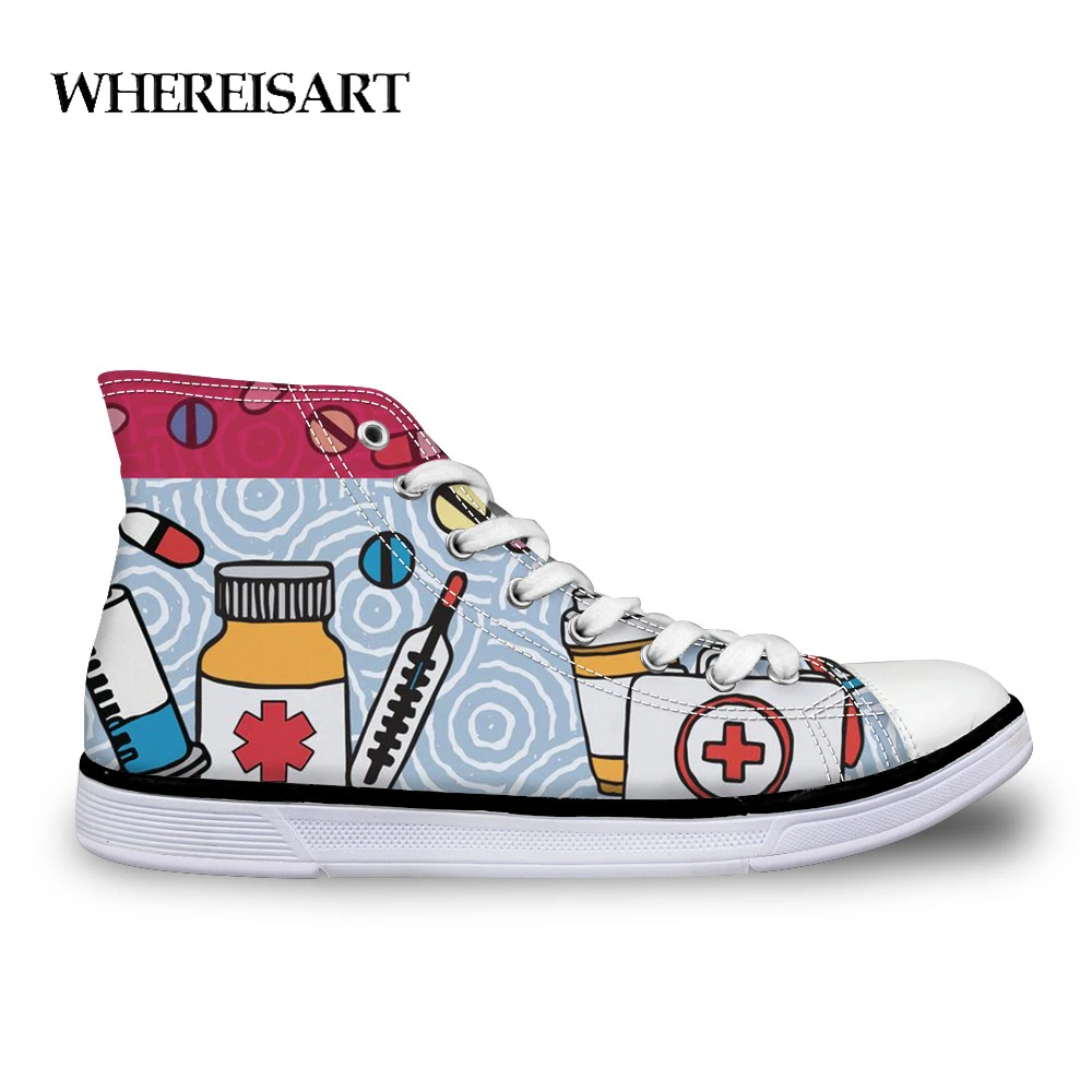 

WHEREISART Woman Canvas Shoes Doctor Pattern Casual High Top Vulcanized shoes Autumn Shoes Women 44 size Sneakers Walking Shoes