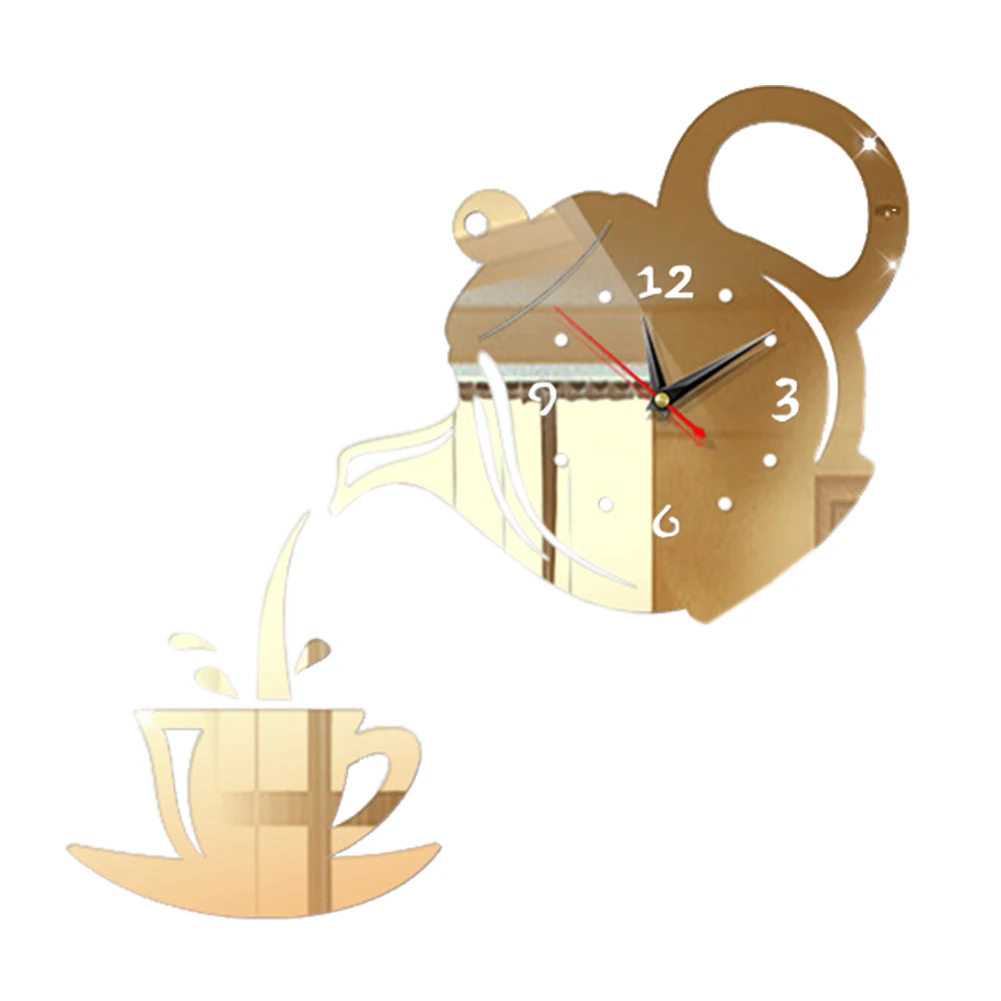 

Durable Wall Clock Simple Decorative Kitchen DIY Easy Install Coffee Teapot Shaped Acrylic Mirror 3D Mute European Style Home