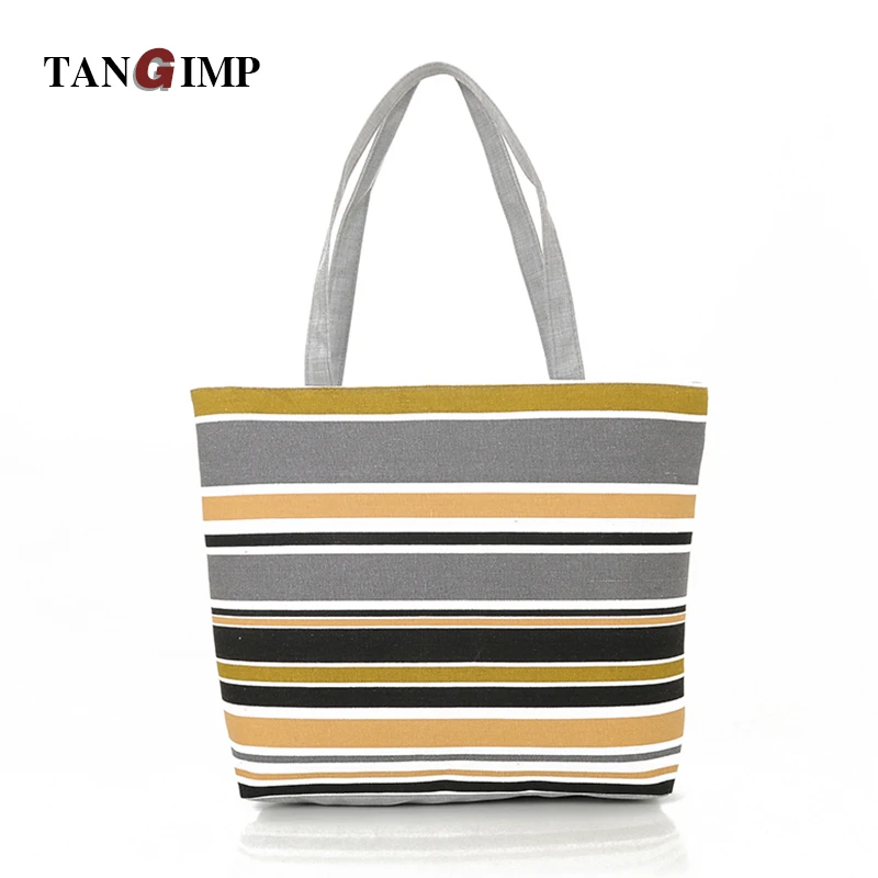 TANGIMP Vintage Canvas Bag Women Shoulder Bags Ladies Beach Bags Strip