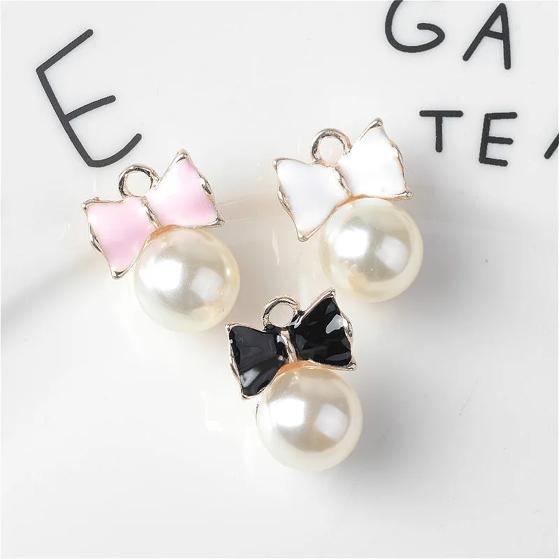 

50PCS 15*20mm Gold Tone Alloy Material Pearl Enamel Bow Charm Oil drop pendant for Earring Bracelets Necklace DIY Jewelry Making