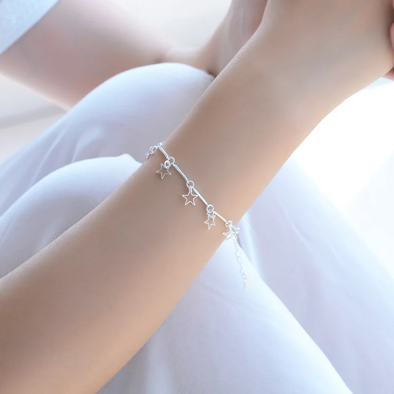 

925 Sterling Silver Link Chain Tassel Star Charm Bracelets &Bangle Anklet For Women Jewelry Accessories Pulseira Feminina A206