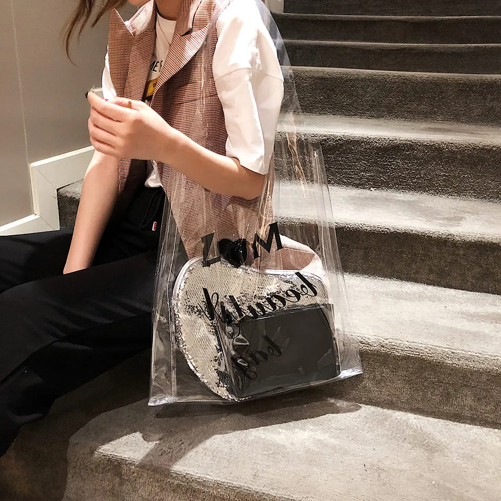 

Women's Fashion Letter Printed Jelly Transparent Large Bag Ladies Casual Square Package Sequin Chain Messenger Bag Mujer Bolsa