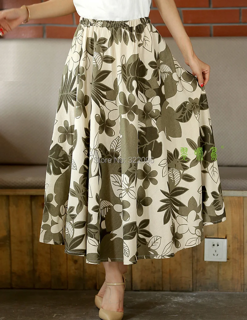 Шанхай история смесь льняная длинная юбка Весенняя юбка китайский стиль Феникс Дерево лист печати Юбки Повседневная винтажная юбка для женщин