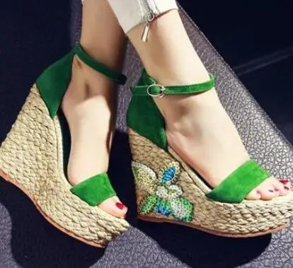 Newest Design Women Summer Ethnic Style Hand Made Sexy Green Sandals Wedges Platform Flower Decoration Shoes