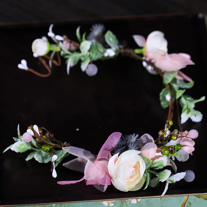 Fashion Korean Floral Hair Wreath Artificial Fabric Flower Headband Garland for Wedding Bride Bridesmaids Headwear Ornament Gift