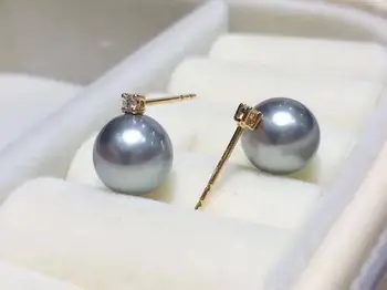 

gorgeous AAA9-10mm round south sea grey pearl stud earring 18/ k